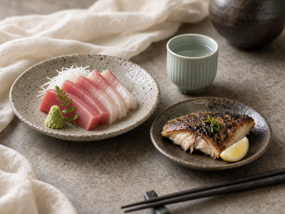 Sashimi and a celadon ochoko of sake